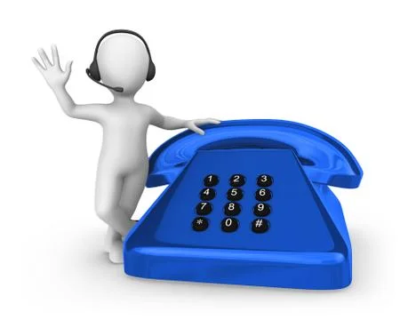 3d white man with blue old phone. Support concept. Stock Illustration
