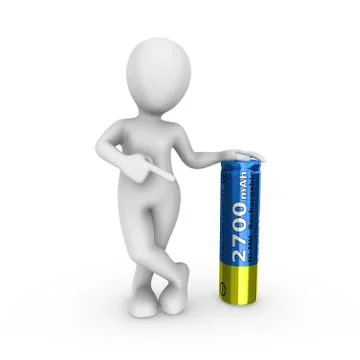3d white man with blue rechargeable battery isolated on white background Stock Illustration