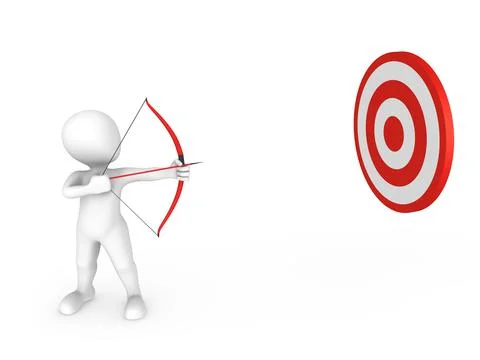 3d white man with a bow and arrow aims at a target Stock Illustration