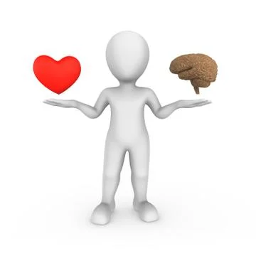 3d white man with brain and heart isolated on white background. Choice concep Stock Illustration