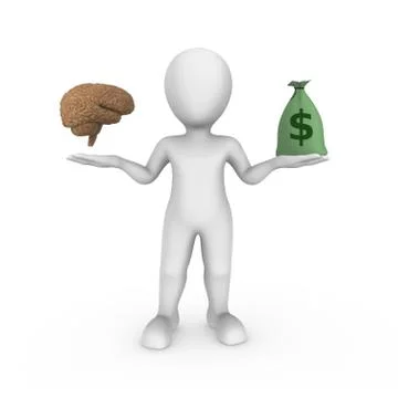 3d white man with brain and money bag. Choice concept. Stock Illustration