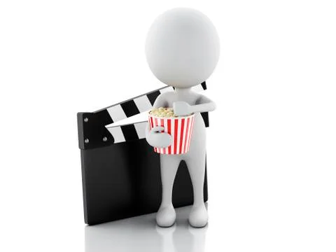 3d white man with clapper board and popcorn. Stock Illustration