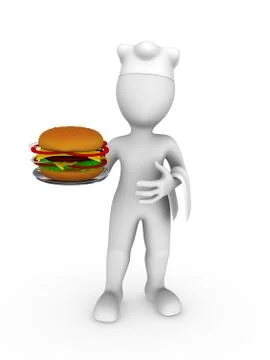 3d white man in a cook cap with hamburger in hand Stock Illustration