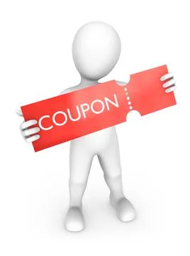 3d white man with coupon code in hands Illustrazione stock