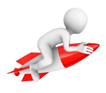 3d white man flies, sitting on a big red rocket Stock Illustration
