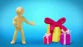 3d white man with gift boxes on blue background. HD Footage