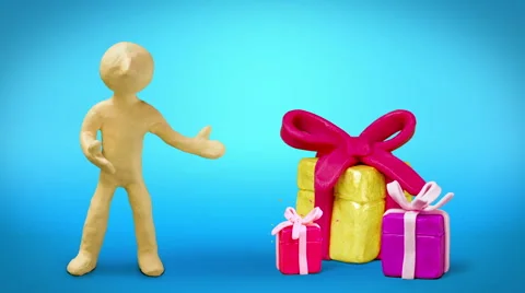 3d white man with gift boxes on blue background. 스톡 동영상 48156238