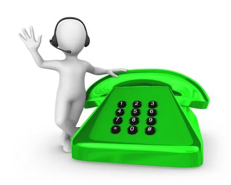 3d white man with green old phone. Support concept. Stock Illustration