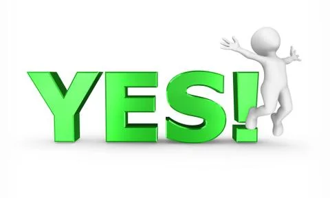 3d white man with green text "yes", happy jump Stock Illustration