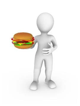 3d white man with hamburger in hand Stock Illustration
