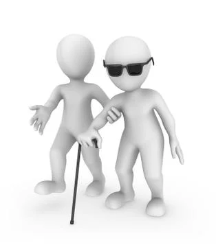 3d white man helps the blind person with black glasses and stick. Stock Illustration