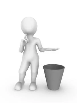 3d white man hold something yours over a recycle bin and thinks... Stock Illustration