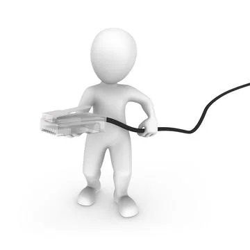 3d white man with an internet cable in hand Stock Illustration