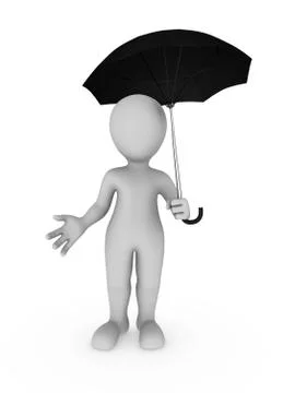 3d white man isolated on white background with big umbrella in hand Stock Illustration