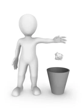 3d white man isolated on white background throws garbage into a recycle bin Stock Illustration