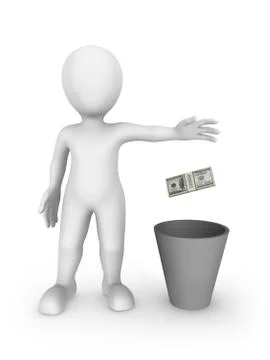 3d white man isolated on white background throws money into a recycle bin Stock Illustration