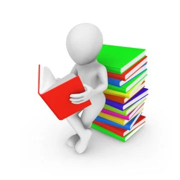 3d white man isolated on white background with colored books reading Stock Illustration