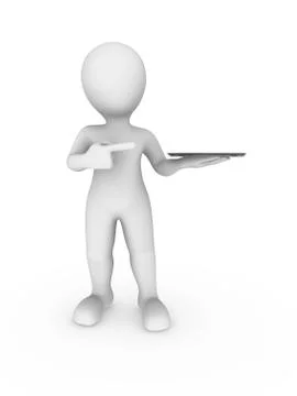 3d white man pointing finger at tray isolated on white background Stock Illustration