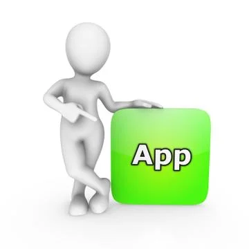 3d white man pointing finger at application for smartphone Stock Illustration