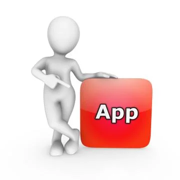 3d white man pointing finger at mobile application isolated on white backgrou Stock Illustration