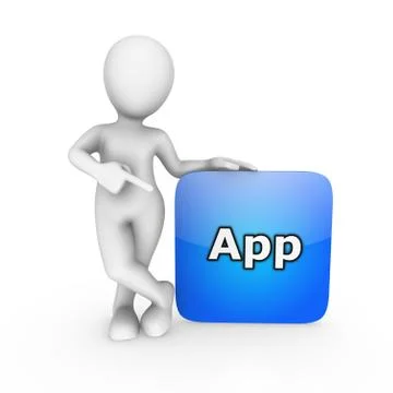 3d white man pointing finger at mobile application isolated on white backgrou Stock Illustration