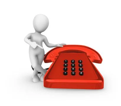3d white man pointing finger on big red vintage phone. Stock Illustration