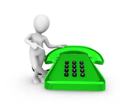 3d white man pointing finger on big green vintage phone. Stock Illustration