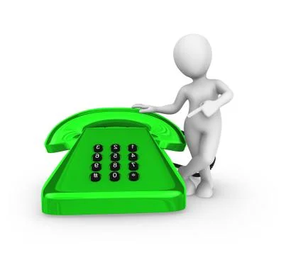 3d white man pointing finger on big green vintage phone. Stock Illustration