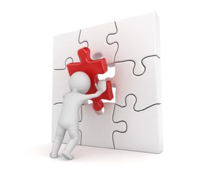 3d white man putting red puzzle piece 스톡 일러스트
