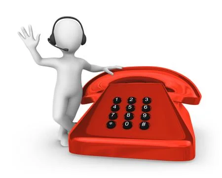 3d white man with red old phone. Support concept. Stock Illustration