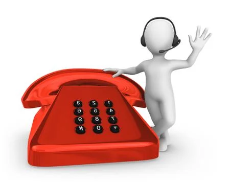 3d white man with red old phone. Support concept. Stock Illustration