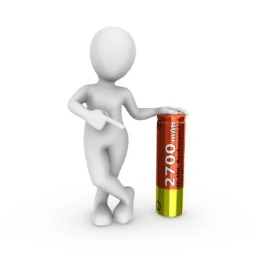 3d white man with red rechargeable battery isolated on white background Stock Illustration
