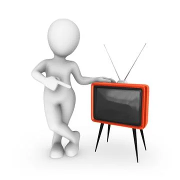 3d white man with red retro tv isolated on white background Stock Illustration