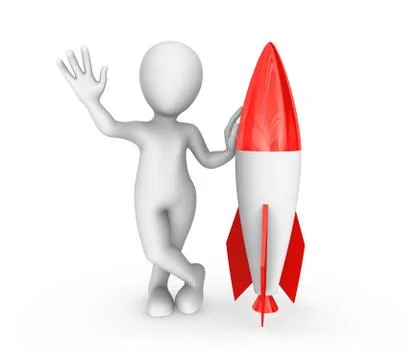 3d white man with red rocket, hello gesture. 3d illustration. Stock Illustration