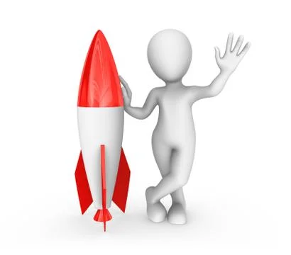 3d white man with red rocket, hello gesture. 3d illustration. Stock Illustration