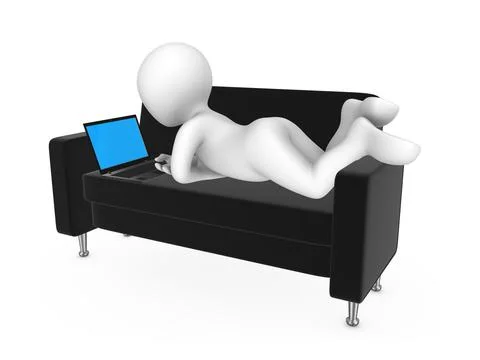3d white man is resting on the couch with laptop Stock Illustration