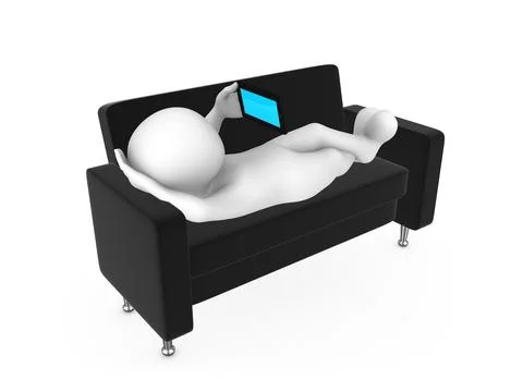 3d white man is resting on the couch with a tablet in hand Stock Illustration