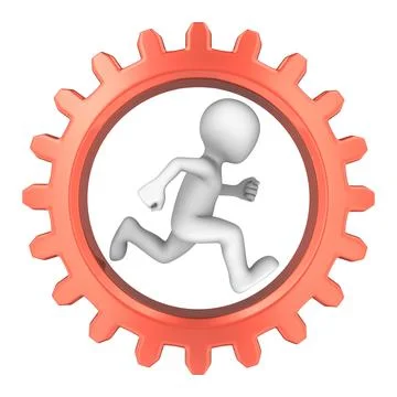 3d white man runs inside the red cogwheel Stock Illustration