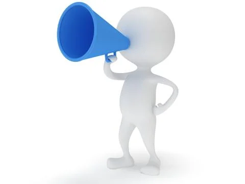 3d white man stand with blue megaphone Stock Illustration