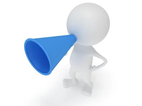 3d white man stand with blue megaphone Illustrazione stock