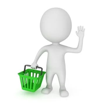 3d white man stand with green shop basket Stock-Illustration