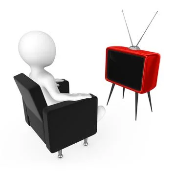 3d white man is watching an old TV while sitting on the couch. Stock Illustration