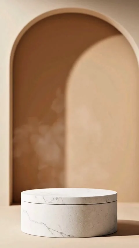 3D White Marble Podium with Architectural Arch and Steam for Skincare Mockup Stock Footage 341992867