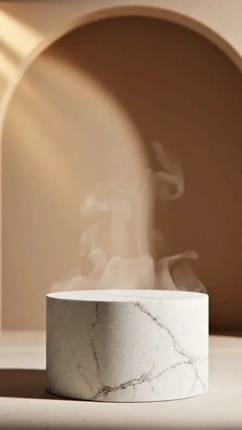 3D White Marble Podium with Architectural Arch and Steam for Skincare Mockup Stock Footage 341992869
