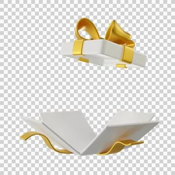 3D White Open Gift Box with a Gold Ribbon and Bow Stock Illustration