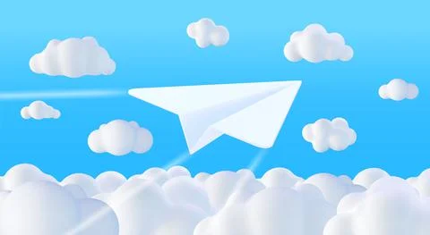3D White Paper Plane in Sky with Clouds Stock Illustration