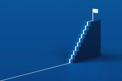 3D white pathway climbing up blue staircase steps towards target flag on to.. Stock Illustration