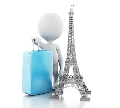 3d White people and Eiffel tower, travel to paris concept. Stock Illustration