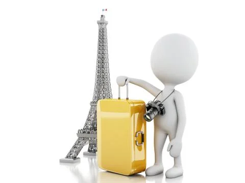 3d White people and Eiffel tower, travel to paris concept. Stock Illustration