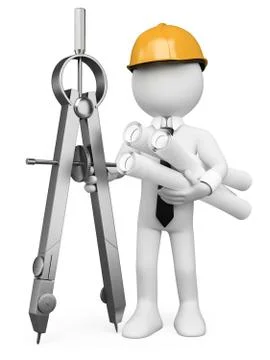 3d white people. architect with a compass and plans Stock Illustration
